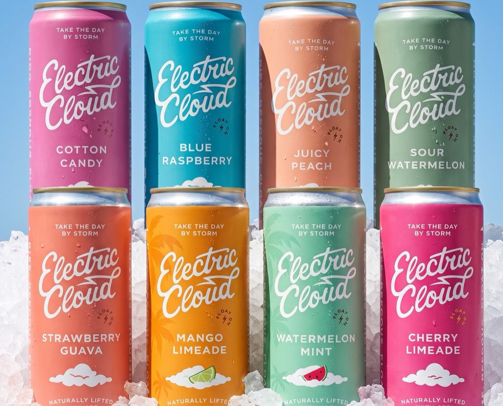 Eight Electric Cloud flavors stacked on ice under a blue sky