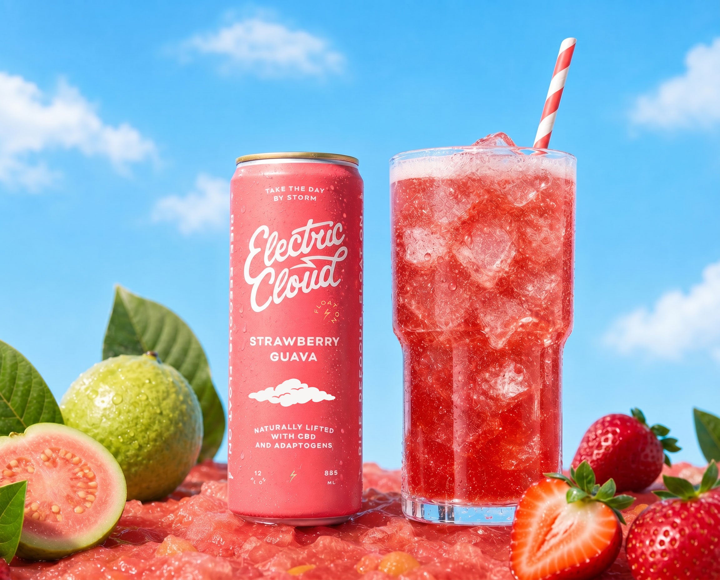 Electric Cloud Strawberry Guava can beside a glass over ice with strawberries, guava and a bright blue sky