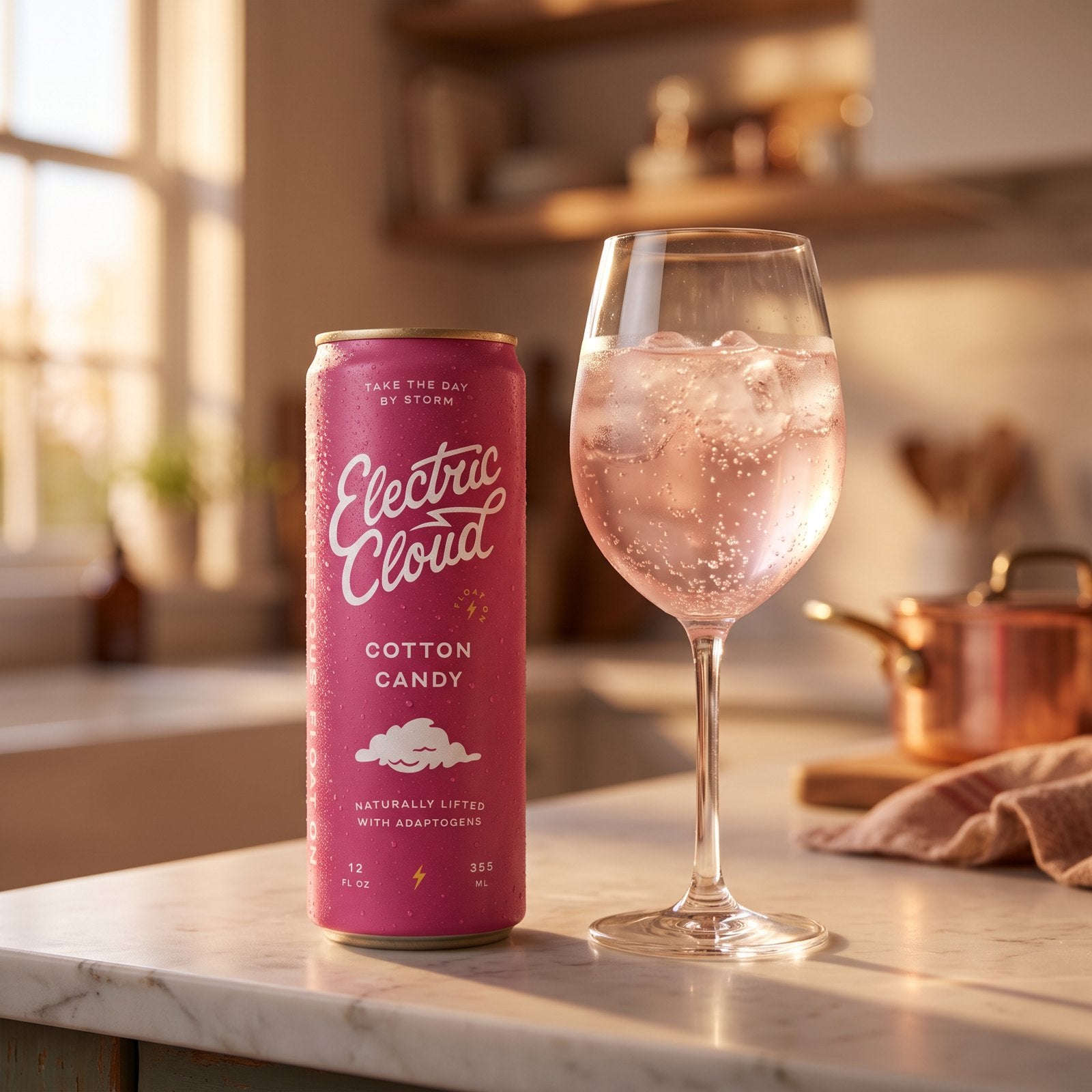 Electric Cloud Cotton Candy can beside a wine glass of sparkling pink soda and ice on a kitchen counter at dusk