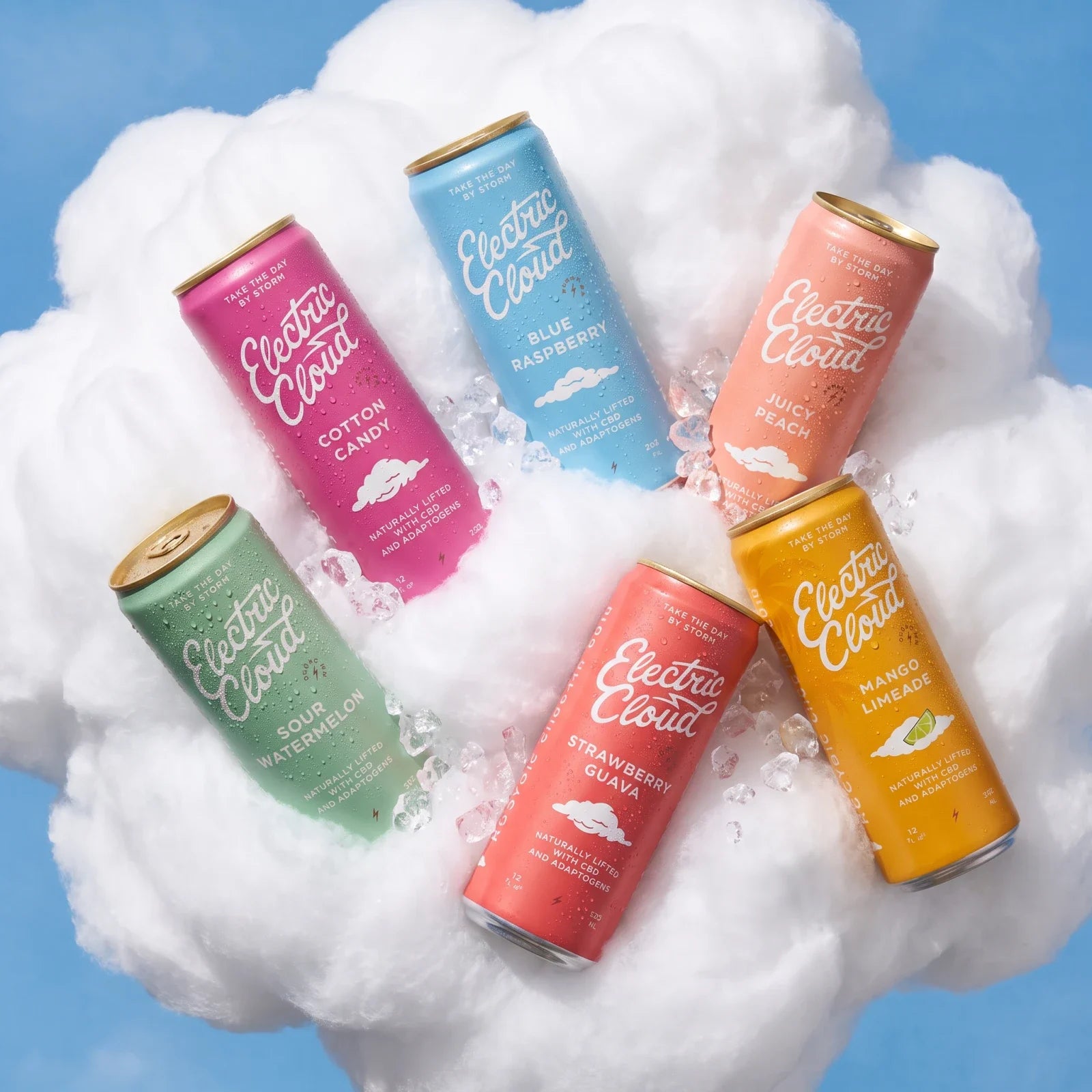 Six Electric Cloud flavors in a bed of pink hearts