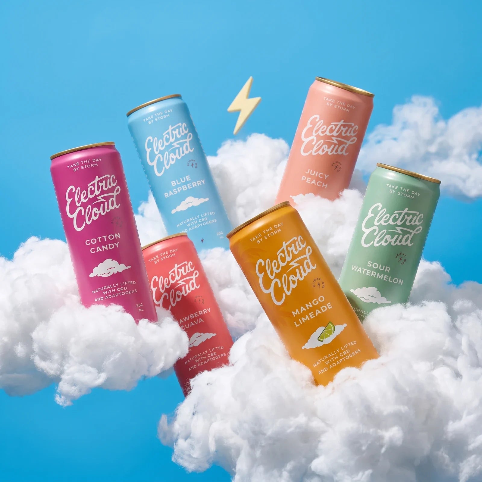 Electric Cloud sampler with Cotton Candy, Blue Raspberry, Juicy Peach, Sour Watermelon, Strawberry Guava and Mango Limeade cans