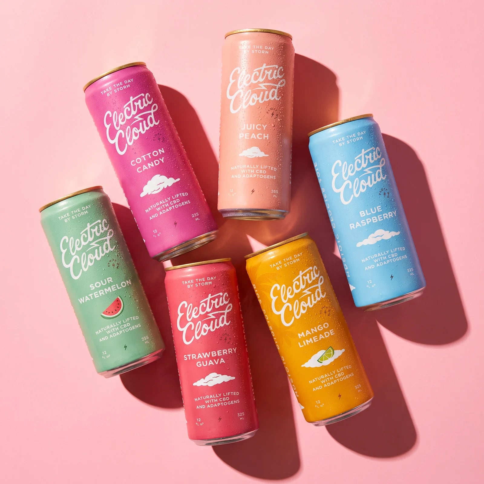 Six Electric Cloud flavors in a bed of pink hearts