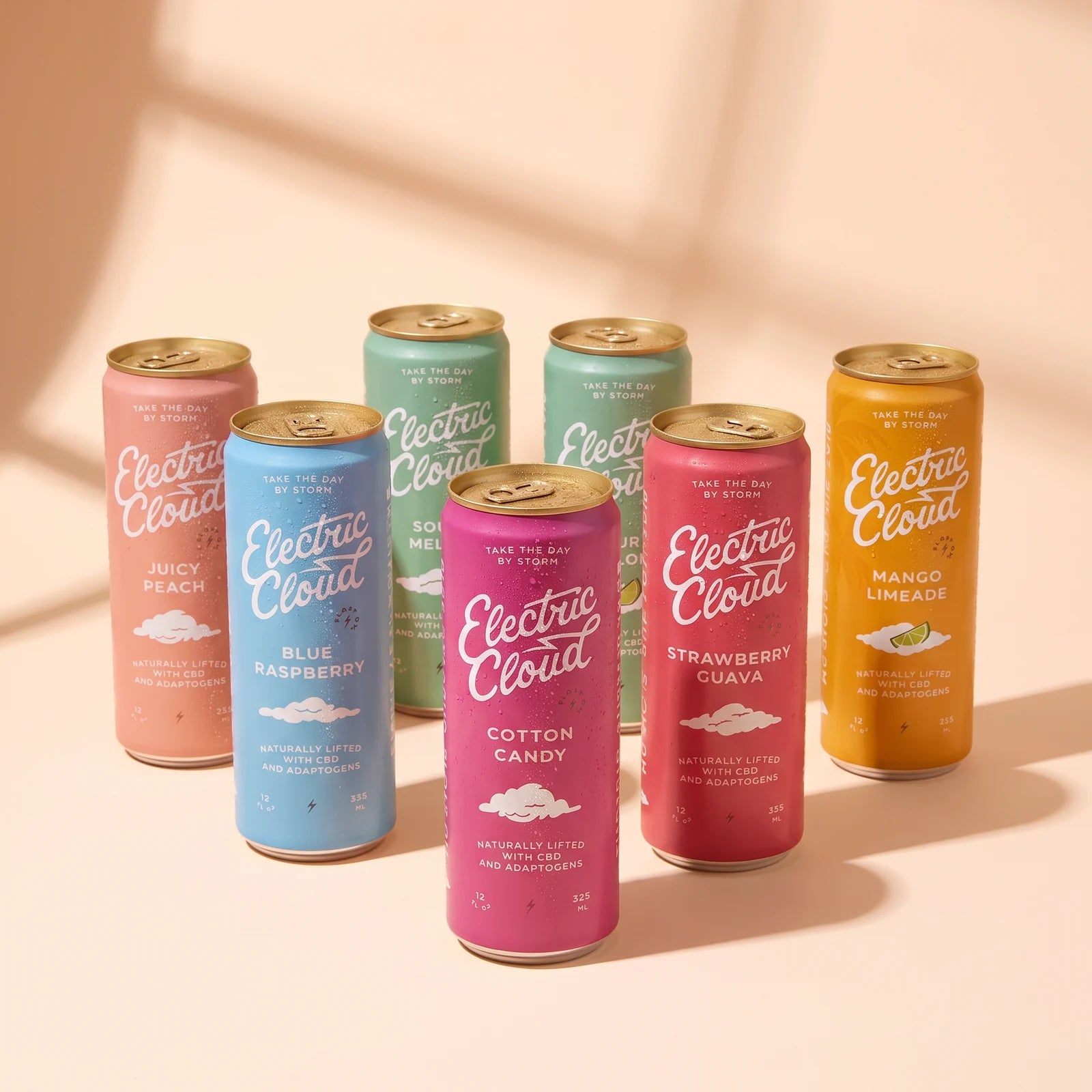 Electric Cloud sampler with Cotton Candy, Blue Raspberry, Juicy Peach, Sour Watermelon, Strawberry Guava and Mango Limeade cans