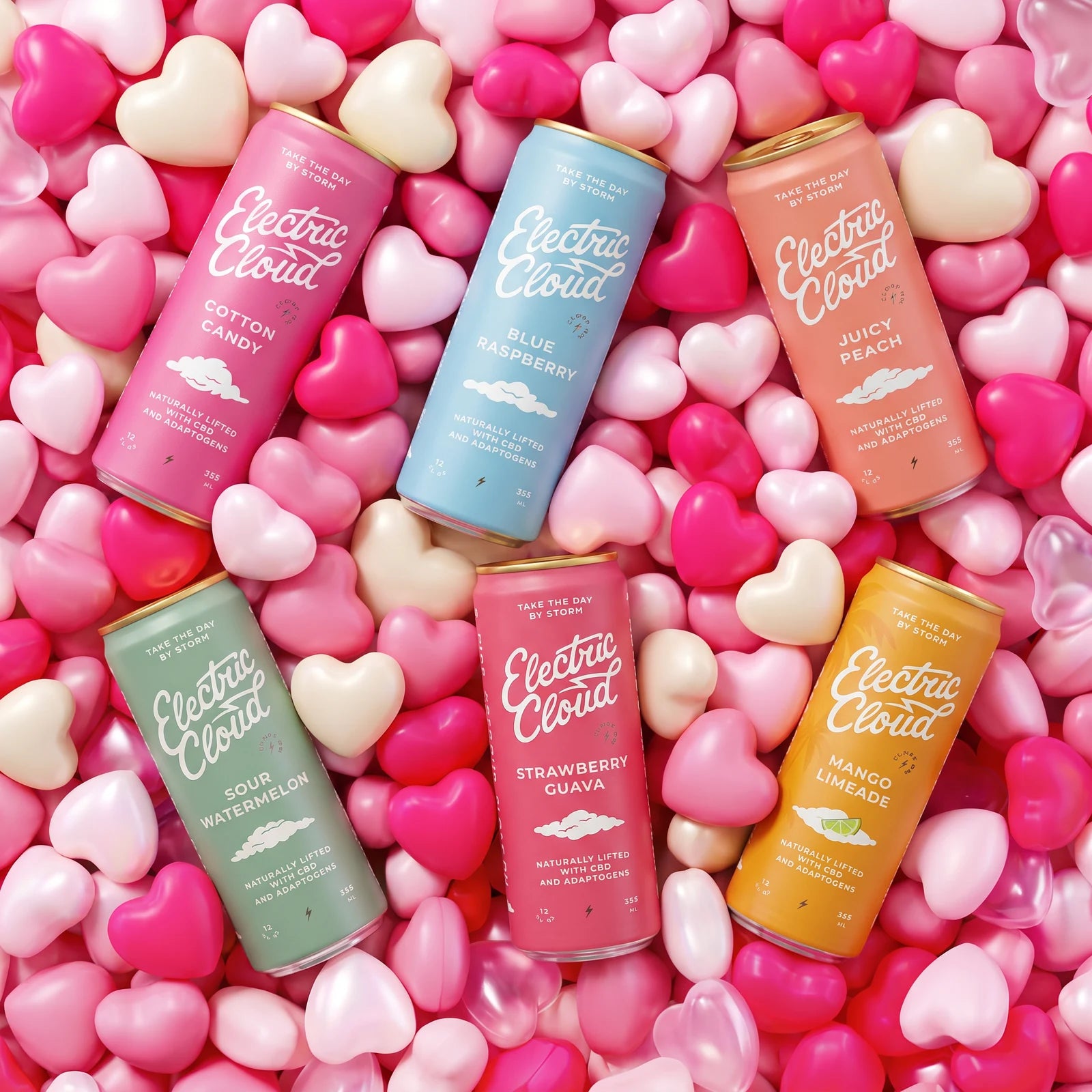 Six Electric Cloud flavors in a bed of pink hearts