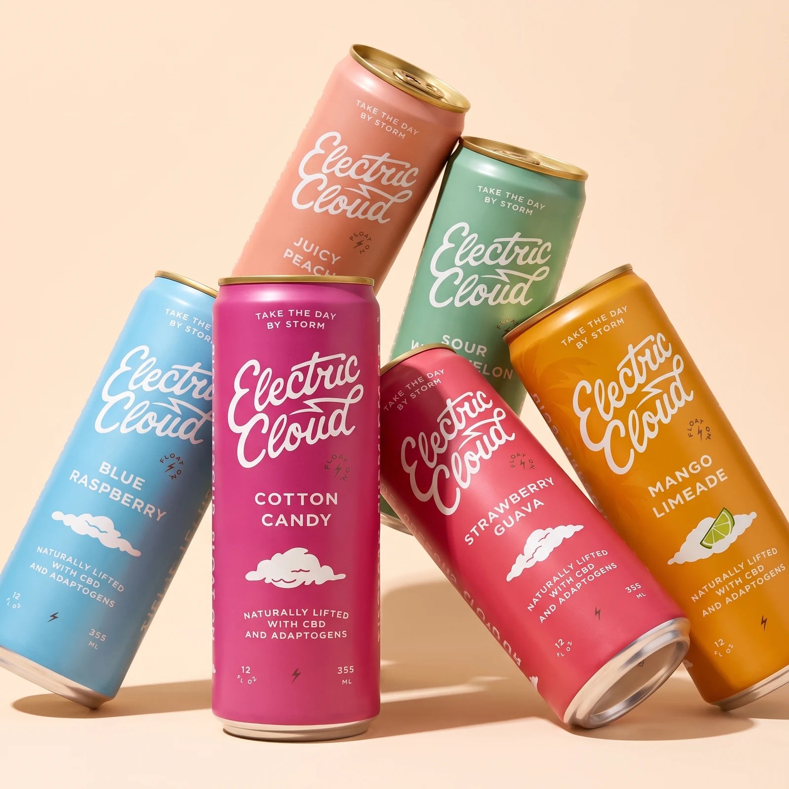 Electric Cloud sampler with Cotton Candy, Blue Raspberry, Juicy Peach, Sour Watermelon, Strawberry Guava and Mango Limeade cans