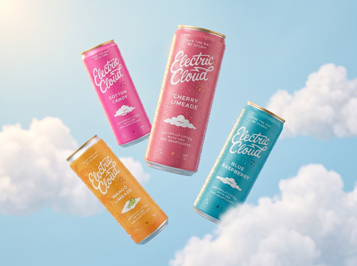 Electric Cloud Cherry Limeade can floating in a blue sky with clouds beside Cotton Candy, Mango Limeade and Blue Raspberry cans