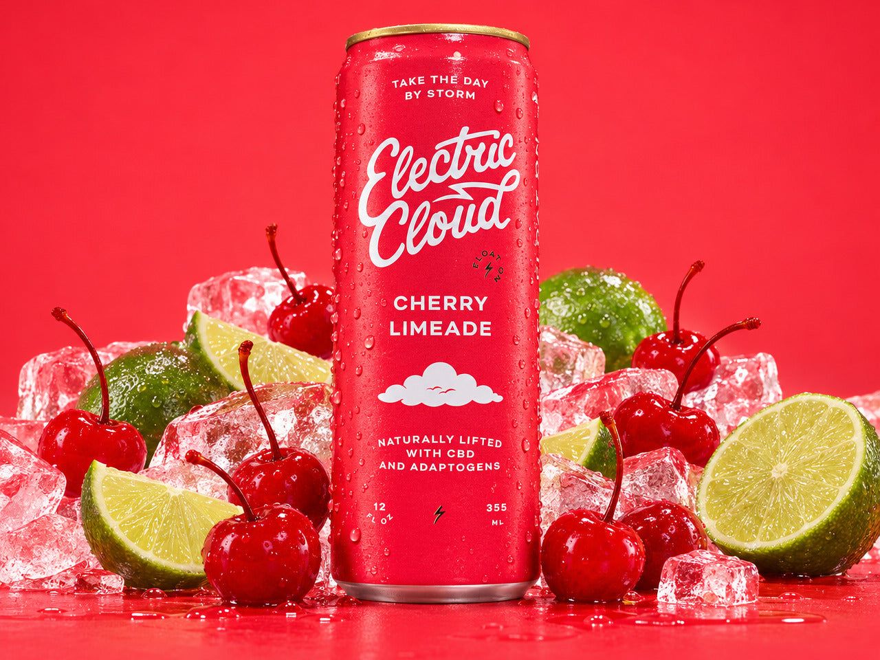 Electric Cloud Cherry Limeade can with fresh cherries, limes and crushed ice