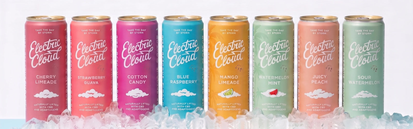 Eight Electric Cloud cans in a row on ice